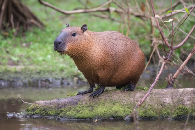 A capybara stands on a rock in a river.