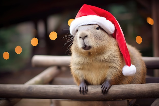 capybara wearing Santa hat on bokeh backdrop Christmas concept