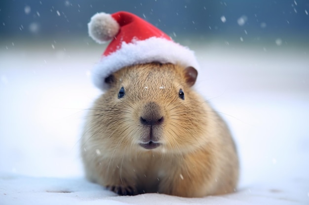 Capybara wearing a santa hat in the snow Generative AI