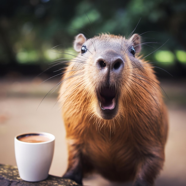 A capybara with a cup of coffee next to it