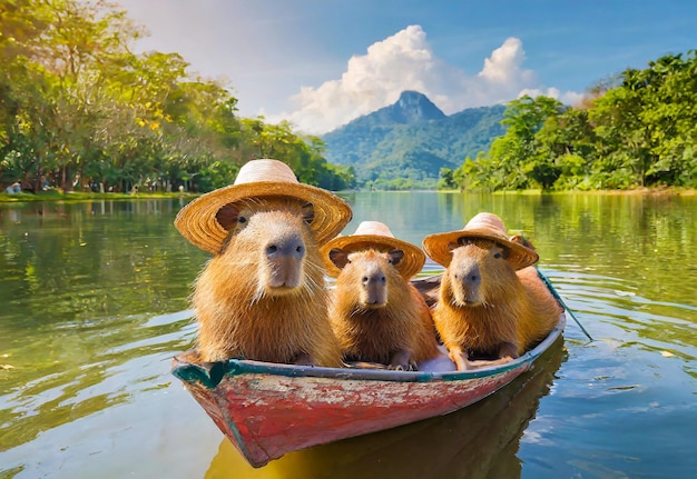 Capybaras Family Enjoy Sailing Boat on the Clear River Flowing Through Mountain Ranges