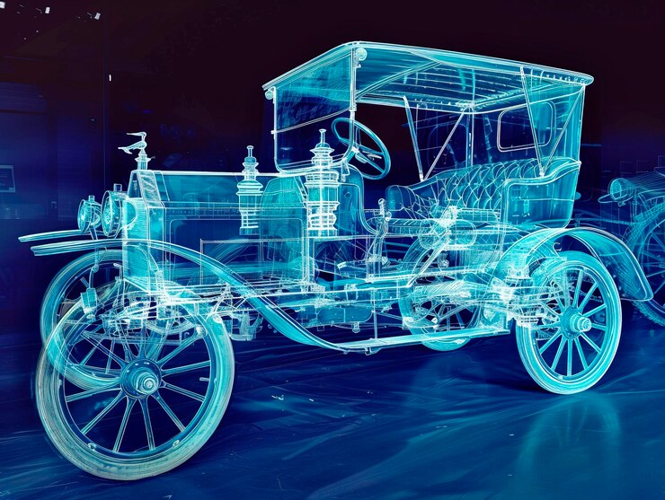 Photo car 1890s visualization with augmented reality transparent car in studio drawing in blue colors blue