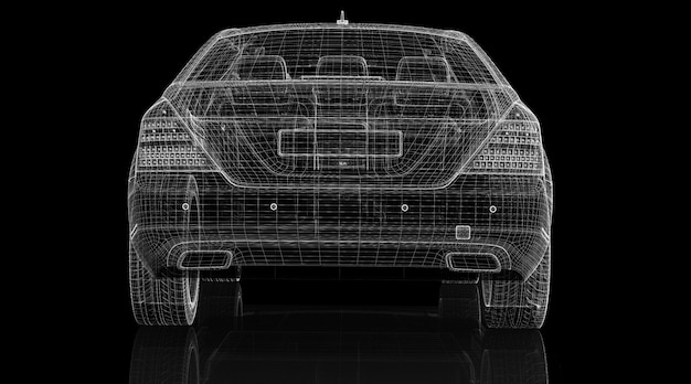 車の3Dモデルのボディ構造、ワイヤーモデル