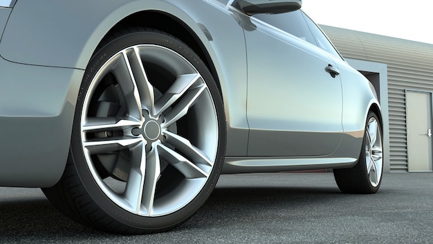 The car 3D sedan is worth on a road 3D rendering. Wheel close-up,