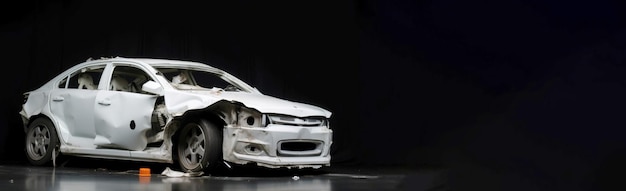 Car accident broken damaged body metal Life insurance technology White car black background