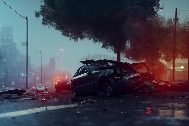 Car accident collision on the road render 3D