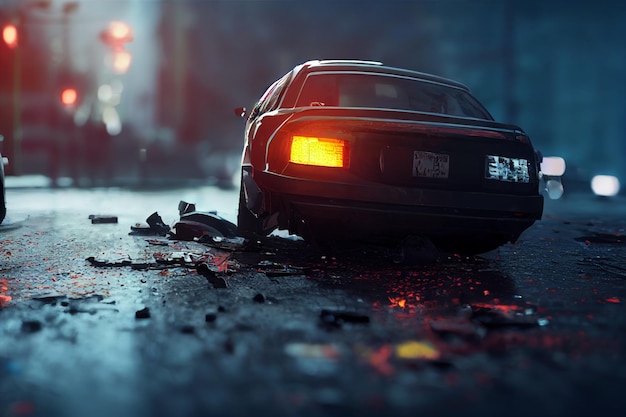 Car accident collision on the road render 3D