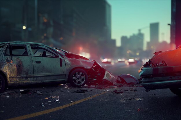 Car accident collision on the road render 3D