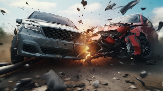 Car accident concept illustration with two cars crashing together