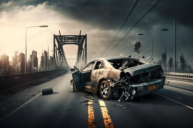 都市高速道路の道路で車が衝突した自動車事故のコンセプト ニューラルネットワークが生成したアート