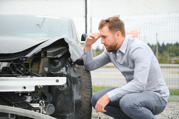 Автомобильная авария Человек после автомобильной аварии Человек сожалеет о ущербе, причиненном во время автомобильной аварии