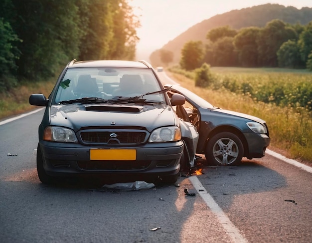 道路上で別の車と衝突した後の自動車事故