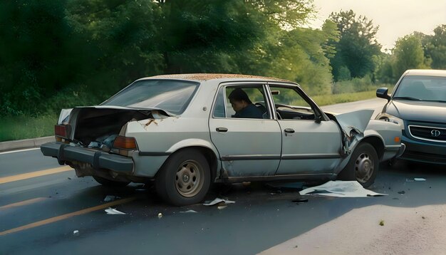 Photo car accident on a road with another car road danger