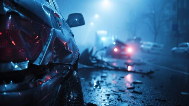 A car accident scene on a foggy night illustrates the tragic consequences of reduced visibility and