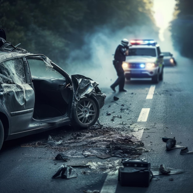 car accident scene on a highway with heavily damaged vehicle and debris scattered around and police