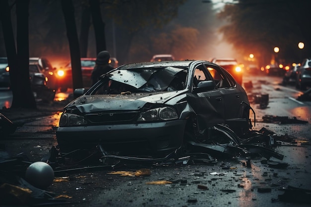 Сцена автомобильной аварии с искусственным интеллектом разбившейся машины
