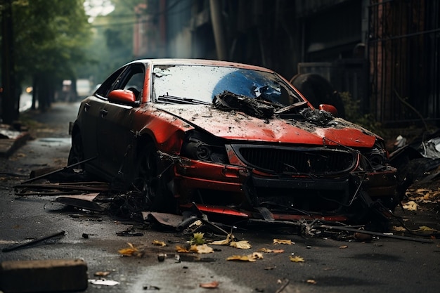 Foto scena di un incidente stradale con l'ia di un'auto schiantata