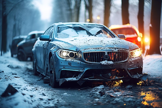 car accident in winter on a slippery road with snow and ice