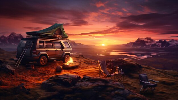 A car for adventures camping at sunset