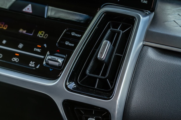 Car air conditioning close up view. The air conditioner flow inside the car. Detail interior of car. Air ducts.