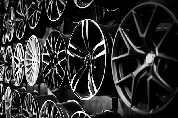 Photo car alloy wheels in a store, selective focus.