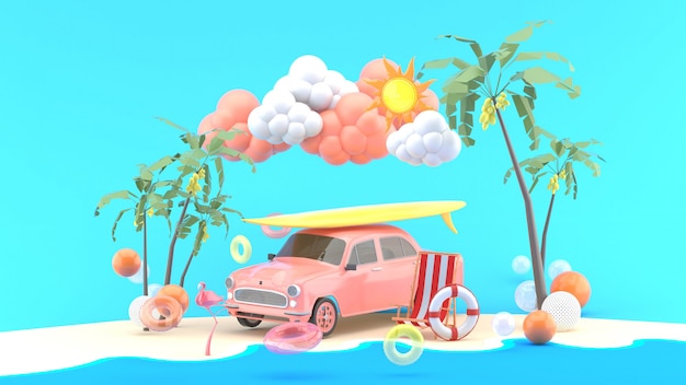 写真 海沿いのカラフルなボールに囲まれた車とサーフボード。 3dレンダリング。