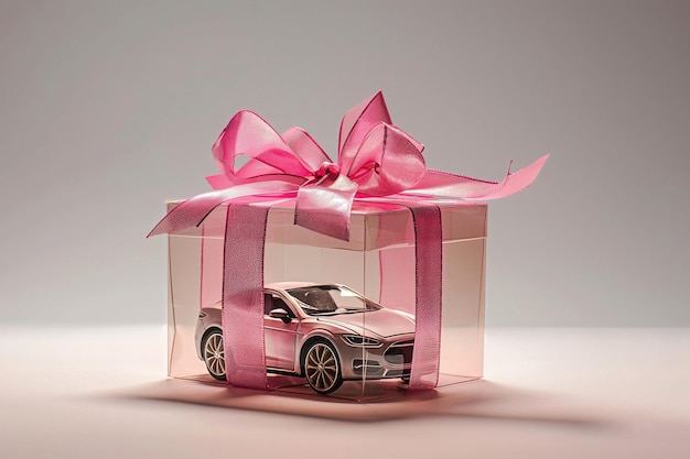 Photo a car as a gift modern car model in a gift box with a bow present surprise wrapped prize buying and selling cars child toy