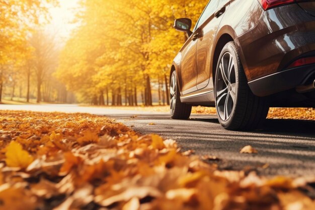 Car on asphalt road on an autumn day at the park