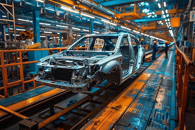 car assembly line showing a partially built vehicle in a factory setting during daytime operations