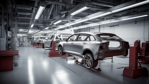 A car assembly room with a car in the background