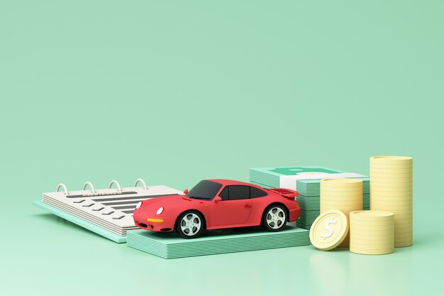 Photo car automobile insurance and collision damage waiver concept surrounding by gold coin and cash with sport car model and insurance form isolated on green pastel background realistic 3d render