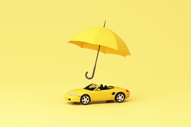 Car automobile insurance and collision damage waiver concept\
surrounding by yellow sport car model and umbrella isolated on\
yellow pastel background realistic 3d render