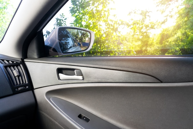 ぼやけた植生の背景の内側からの自動車の窓の眺め