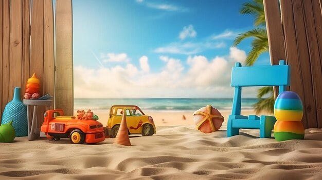 car on the beach with sand and toys