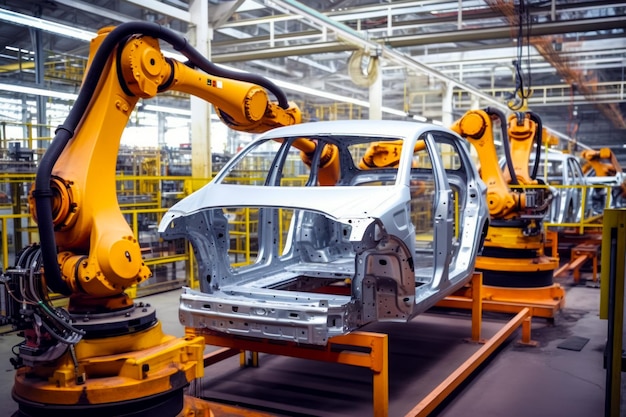 Car being assembled in factory with robot working on the car Generative AI