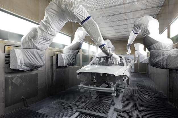 Car bodies are on assembly line modern automotive industry a car being checked before being painted