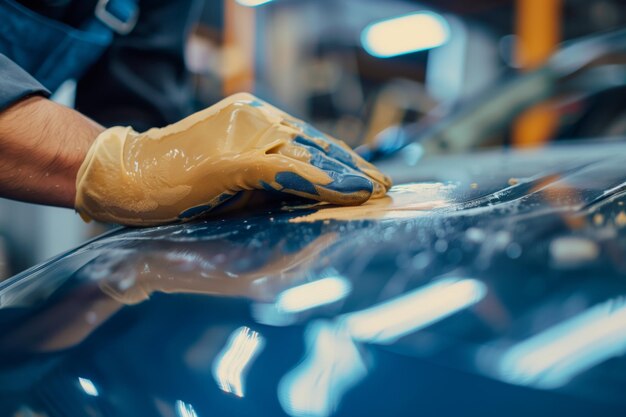 車体の修理とパッチング 手でパティを塗る 男性技術者が砂紙を使って滑らかにする