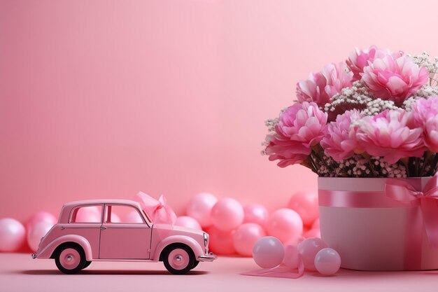 car and bouquet on blurred pink background for cute and love design