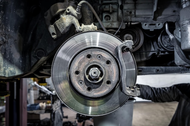 Car brake disc without wheels closeup