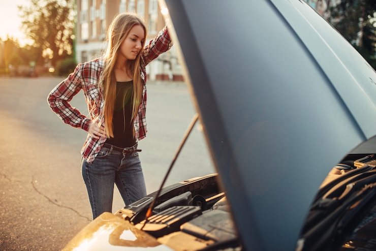 Photo car breakdown concept, woman against open hood