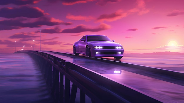 Car on bridge and purple theme wallpaper