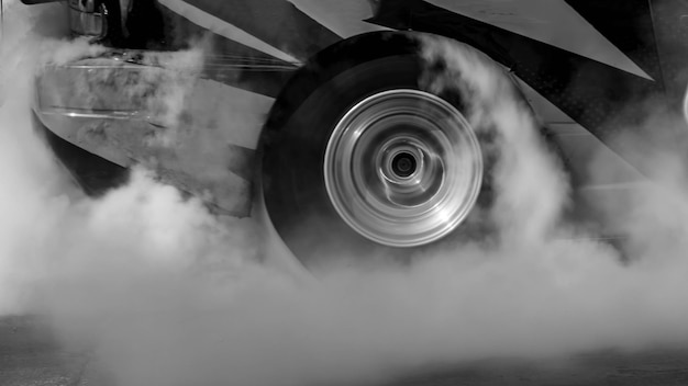 Car burnout wheels tire with white smokeCar wheel burnout with smoke from the spinning tyre Drag car
