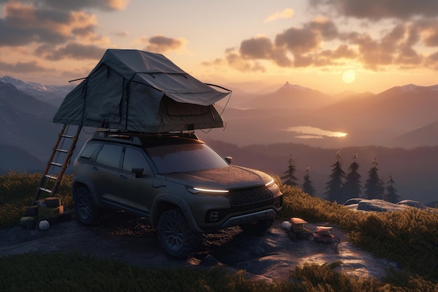 Car camping tent on the rooftop of an SUV in mountains