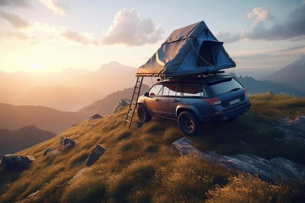 산속에 있는 SUV 옥상에 있는 자동차 캠핑 텐트