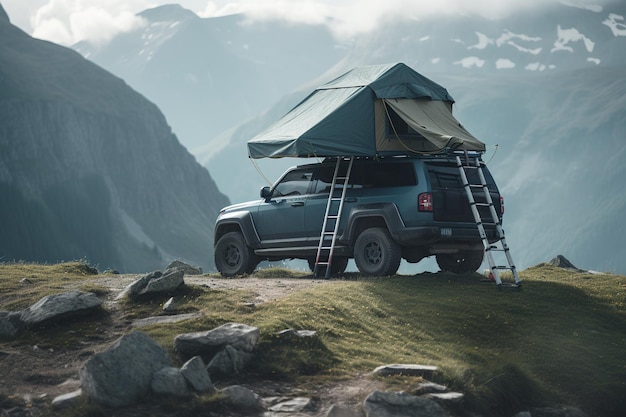 Car camping tent on the rooftop of an SUV in mountains