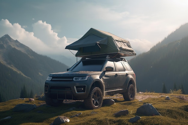 Car camping tent on the rooftop of an SUV in mountains