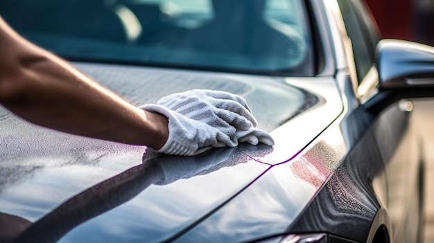 Car care service werknemer gebruikt microfiber doek schoonmaken buiten de auto