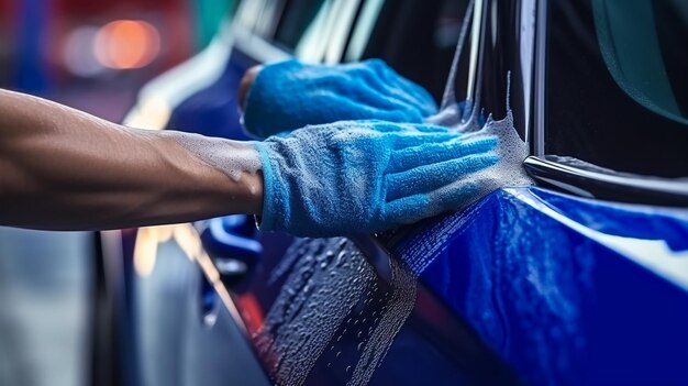 Photo car care service worker used microfiber cloth cleaning outside car