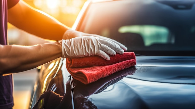 Photo car care service worker used microfiber cloth cleaning outside car