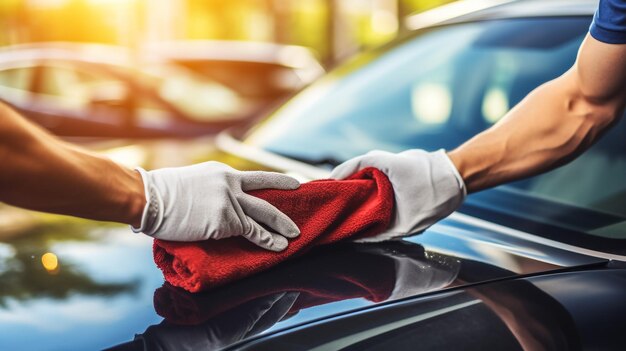 Photo car care service worker used microfiber cloth cleaning outside car